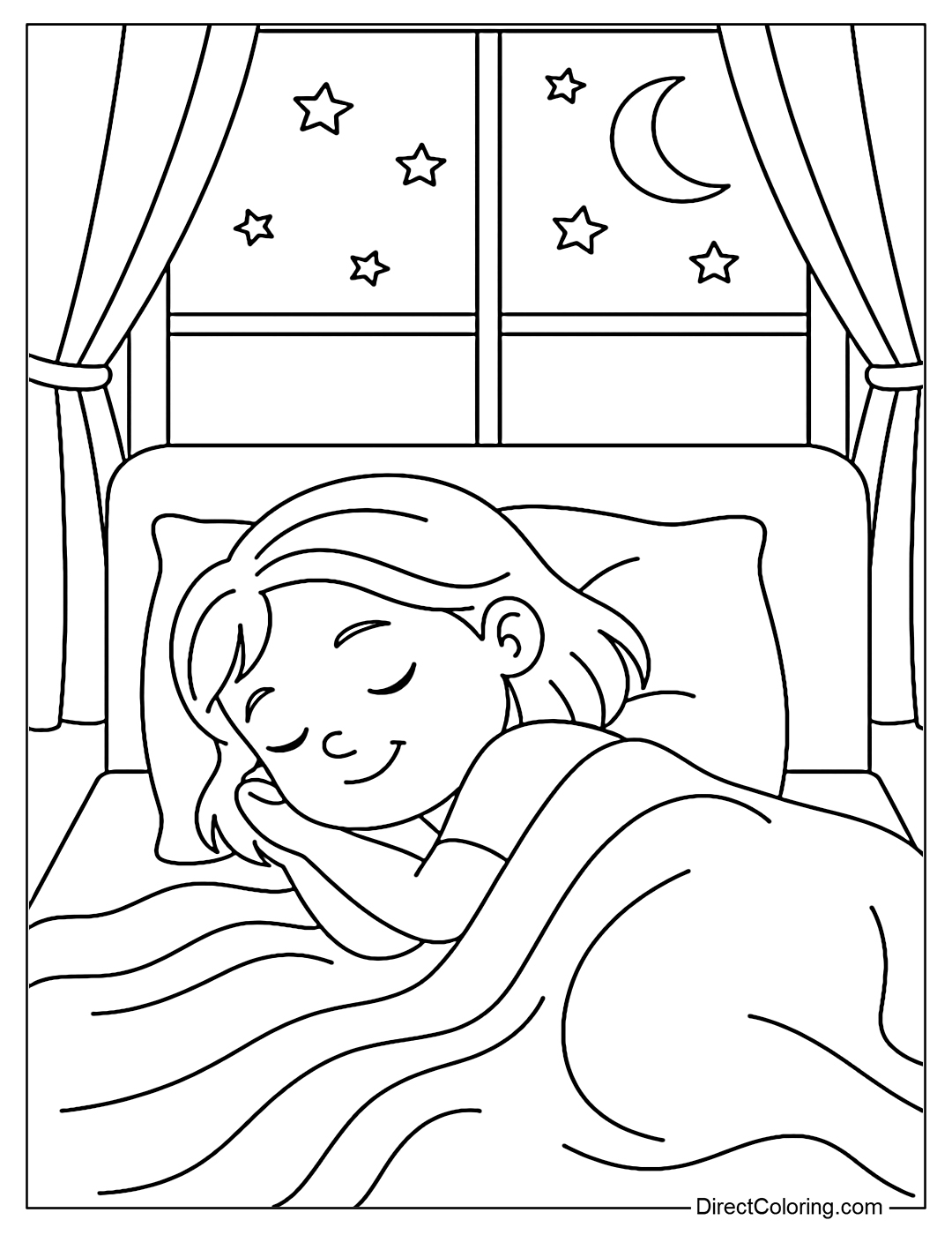 Coloring page of a child sleeping peacefully in a blanket, outside the window is a peaceful night sky with stars and a moon.
